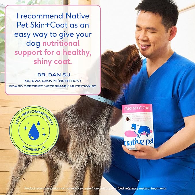 Native Pet Skin & Coat Chews - Omega 3 Fish Oil for Dogs Skin & Coat Supplement - Itch Relief, Shiny Fur & Shedding Support - Collagen, Hyaluronic Acid, Biotin, Probiotics & Salmon Oil - 60 Chews