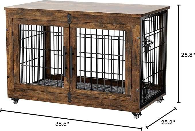 Dog Crate Furniture with Cushion Set of 2, Large Wooden Dog Kennel Indoor with Double Doors, Dog Cage with Wheels, Dog House Side End Table for Large Medium Dogs up to 70 lb, 38.5” L, Rustic Brown