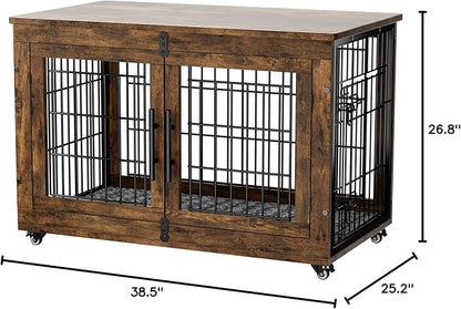 Dog Crate Furniture with Cushion Set of 2, Large Wooden Dog Kennel Indoor with Double Doors, Dog Cage with Wheels, Dog House Side End Table for Large Medium Dogs up to 70 lb, 38.5” L, Rustic Brown