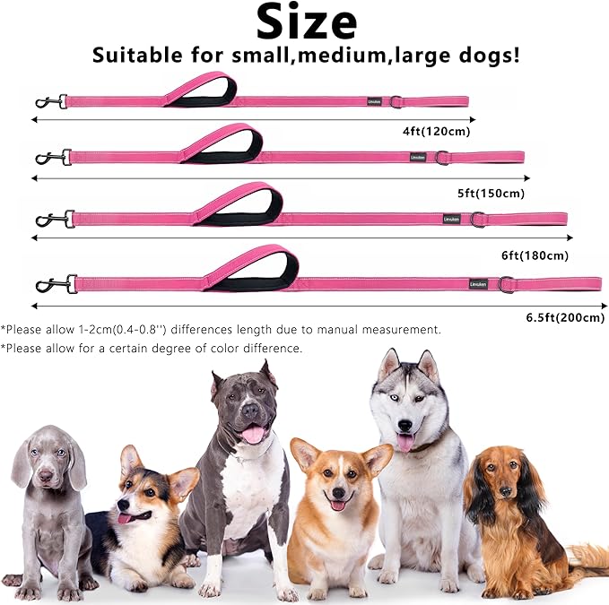 Dog Leash 4ft Long, Double Handle Dog Leash for Safety Control Training, Heavy Duty Dog Leads with Traffic Padded Handles, Reflective Leashes for Small Medium Large Dogs(4ft, Hotpink)