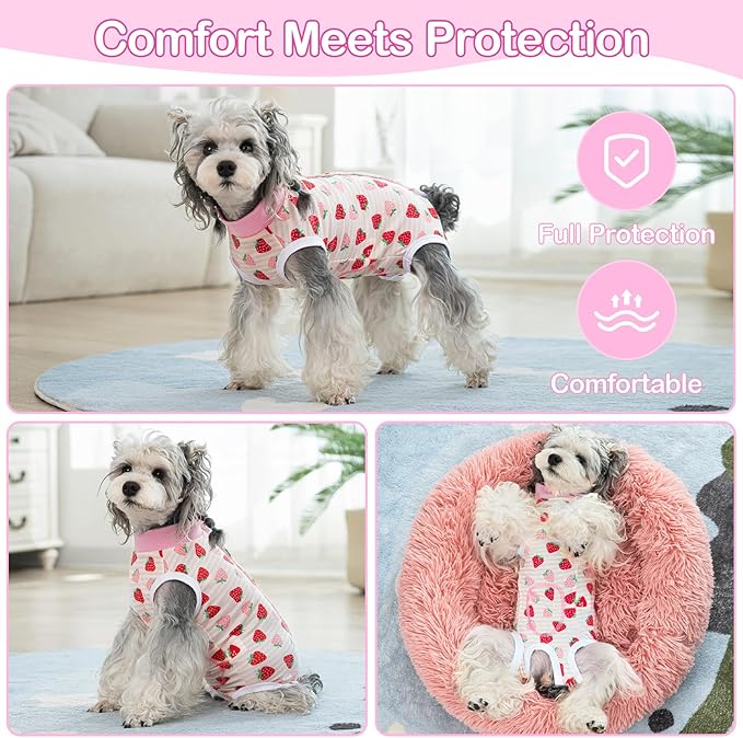 Coppthinktu Recovery Suit for Dogs After Surgery, Dog Onesie Surgery Recovery Suit for Female Spay, Soft Surgical Pajamas Bodysuits for Puppy to Prevent Licking Dog Cone Alternative Strawber S