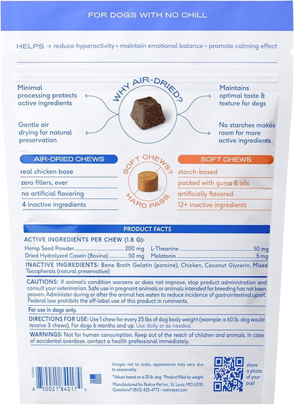 Native Pet Calming Chews for Dogs XL Breed - Promotes Calming Effect, Supports Emotional Balance & Reduces Hyperactivity - Hemp Seed, Melatonin for Dogs, L-Theanine & Casein - 30 Days Supply
