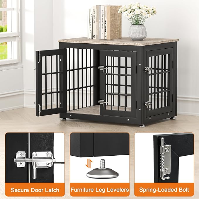 rehomerance 26 Inch Heavy Duty Dog Crate Furniture for Small Dogs, Decorative Pet House End Table, Wooden Cage Kennel Furniture Indoor with Double Doors, Grey