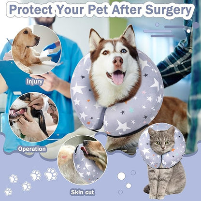 Recovery Donut Collar for Dogs & Cat,Inflatable Dog Cone Collar Alternative After Surgery,Soft Cone for Large Medium Small Dog,Adjustable Pet Neck Donut(Grey Star,Medium