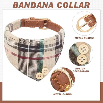 EXPAWLORER Dog Collar and Bandana Set - Classic Plaid Dog Bow Tie and Bandana Collar with PU Leather, Adjustable Collars for Small Medium Large Dogs Cats, Holiday Ideal Gift, Beige M