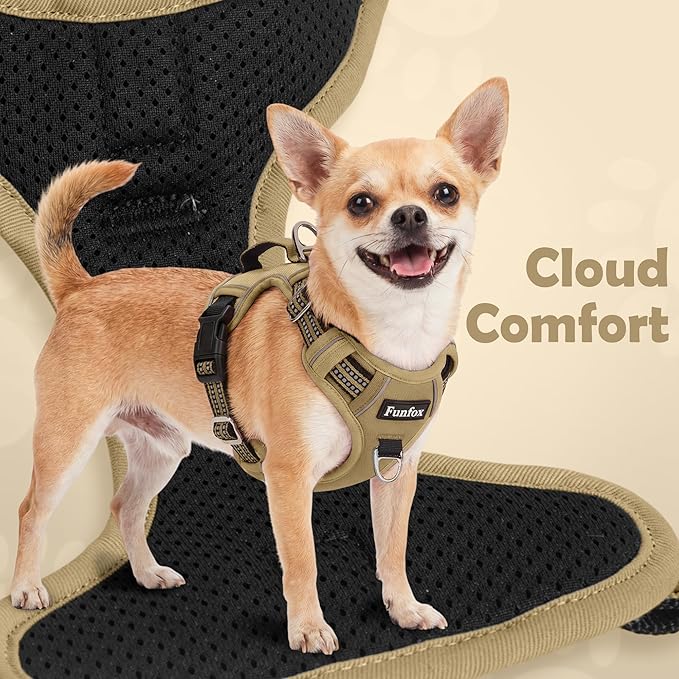 Funfox Dog Harness No Pull, Adjustable Pet Vest Harness, Super Soft Material with Vertical Handle Easy Control, Reflective Night Walking, 2 Leash Clips for Small Sized Dogs, Brown, S