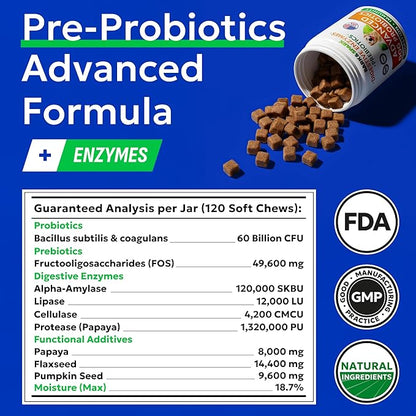 Bark&Spark Vet Strength Dog Probiotics Chews - 60 Billion CFU per jar - Digestive Enzymes for Dogs Gut Health - Chewable Supplement for Diarrhea, Gas, Constipation, Upset Stomach Relief (120 Ct)