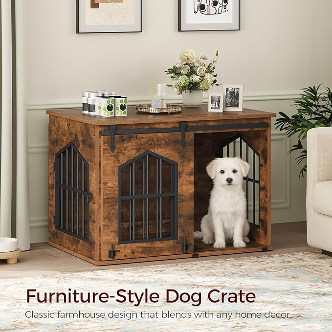 MAHANCRIS Dog Crate Furniture, 31.5" Farmhouse Dog Kennel with Sliding Barn Door, Wooden Dog Cage for Small Medium Dogs, Decorative Pet House Side End Table, Chew-Resistant, Rustic Brown DCHR9601