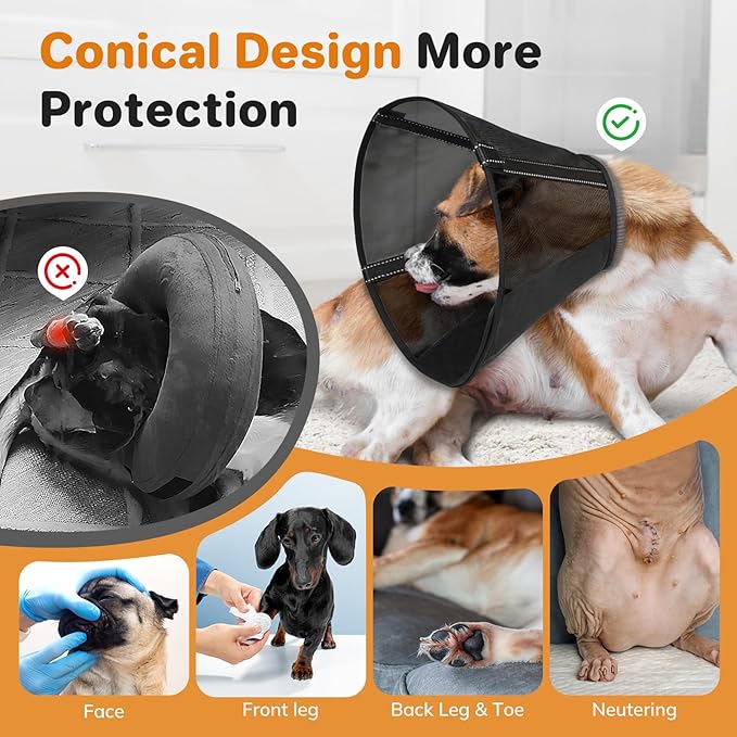 Breathable Mesh Dog Cone Collar for Surgery, Soft Elizabethan Recovery Alternative to Stop Licking,Pet Neck Collar for Large Medium Small Breeds(Black,4)