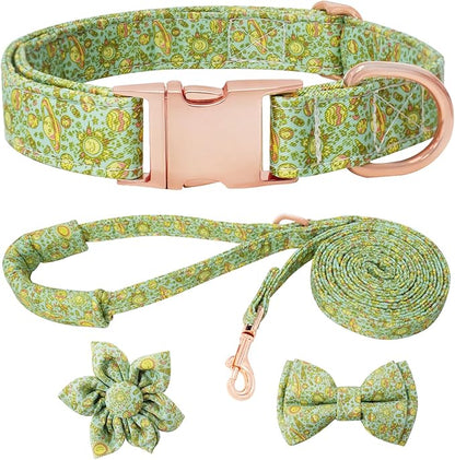 Dog Collar and Leash Set Girls Adjustable Puppy Collars with Planet Bow Tie for Small Medium Large Female Dogs, Green Planet, L