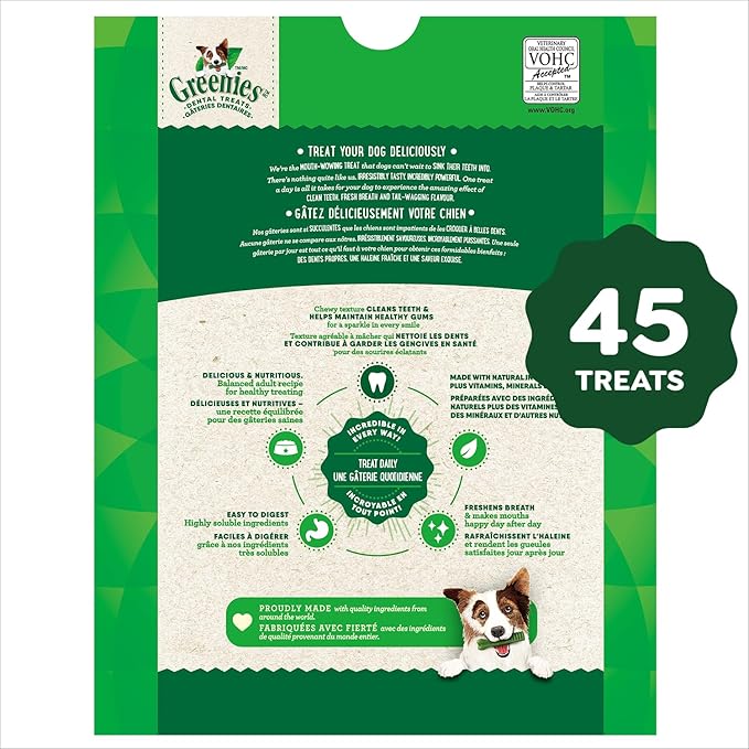 Greenies Veterinarian-Recommended Adult Natural Dental Dog Treats Petite Size, Dog Dental Chews, Original Flavor, 27 oz. Pack, 45 Count
