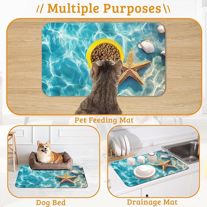 Starfish Shells Dog Cat Food Mat,Sea Beach Absorbent Waterproof Placemat for Food and Water Non Slip Rubber Backing Durable Feeding Pad for Clean Floors 16" x 24"