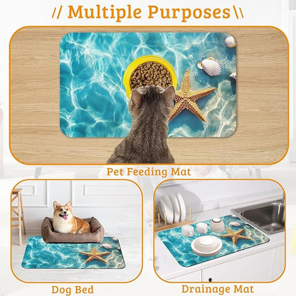 Starfish Shells Dog Cat Food Mat,Sea Beach Absorbent Waterproof Placemat for Food and Water Non Slip Rubber Backing Durable Feeding Pad for Clean Floors 16" x 24"