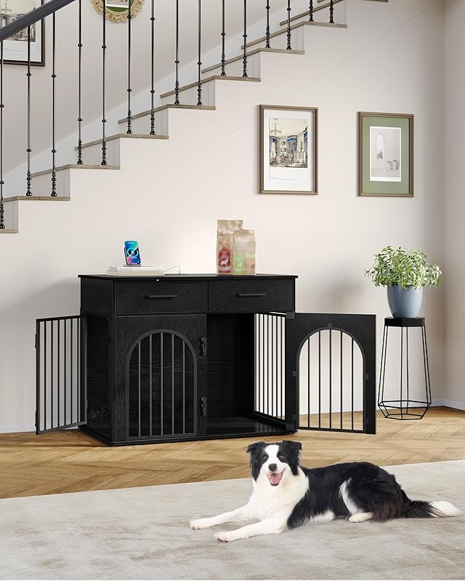 Hzuaneri 39.4'' Large Dog Crate Furniture with 2 Storage Drawers, Heavy Duty Dog Kennel Indoor with Charging Station, Wooden Dog Cage End Table Kennel for Medium/Large Dogs, Black DFC84204B