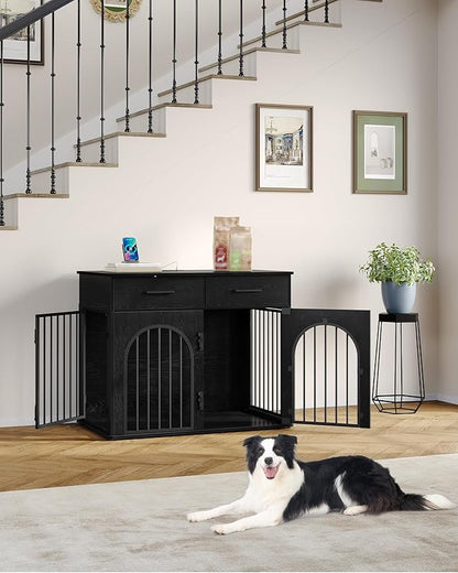 Hzuaneri 39.4'' Large Dog Crate Furniture with 2 Storage Drawers, Heavy Duty Dog Kennel Indoor with Charging Station, Wooden Dog Cage End Table Kennel for Medium/Large Dogs, Black DFC84204B
