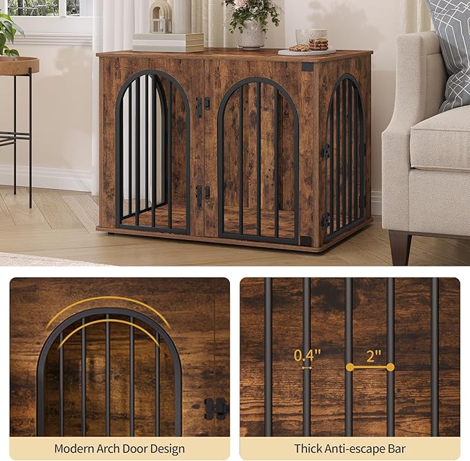 Hzuaneri 31.5'' Wooden Dog Crate Furniture, Indoor Dog Kennel Dogs Cage for Small/Medium Dogs, Heavy Duty Dog Crates Decorative Pet House End Side Table TV Stand, Rustic Brown DFC85101B