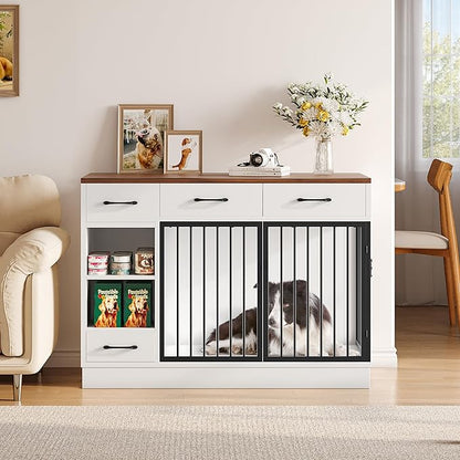 OtterOasis Large Dog Crate Furniture, 47.2'' Dog Kennel Indoor with 3 Storage Drawers and Hidden Feeding Bowl, Sturdy Wooden Dog Crate with 2 Doors and Adjustable Shelf for Small, Medium Dogs