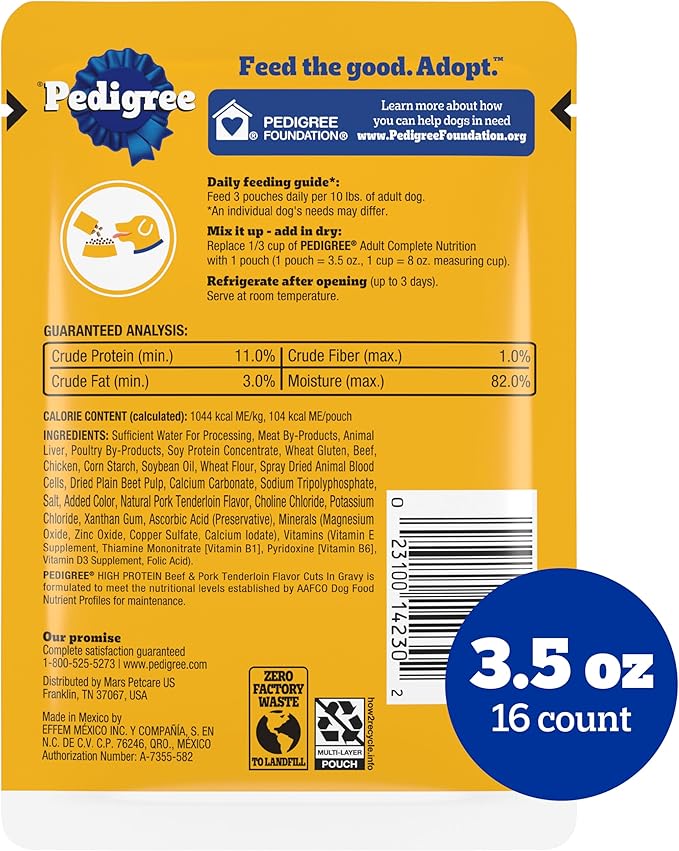 Pedigree High Protein Dog Food, Adult Wet Dog Food Pouches, Beef & Pork Tenderloin, 3.5 oz. Pouches, 16 Count