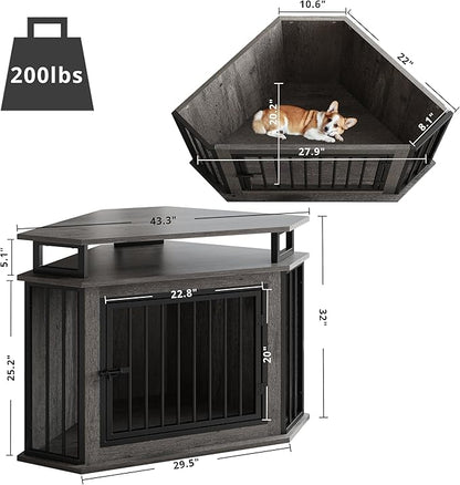 IRONCK 44" Corner Dog Crate with 2-Tier Shelves, Wooden Dog Kennel Furniture for TV Stand, Dog Kennel Indoor Furniture for Small and Medium Dogs, Rustic Brown (23.6" L x 43.3" W x 32.3" H)
