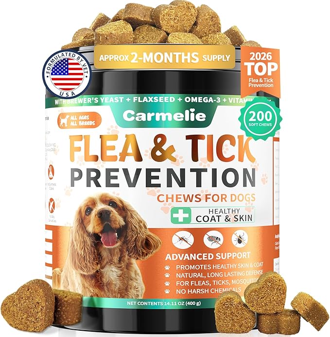 Carmelie Flea and Tick Prevention for Dogs - 200 Chews Natural Dog Flea and Tick Support, Oral Flea Supplement for All Dogs, Supports Healthy Skin & Coat, Puppy Flea Protection - Chicken Flavor