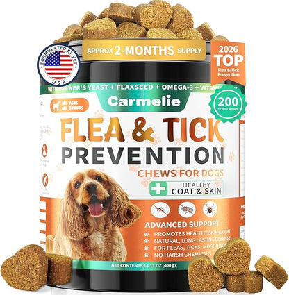 Carmelie Flea and Tick Prevention for Dogs - 200 Chews Natural Dog Flea and Tick Support, Oral Flea Supplement for All Dogs, Supports Healthy Skin & Coat, Puppy Flea Protection - Chicken Flavor