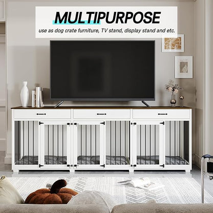 Dog Crate Furniture - Indoor Wooden Dog Kennel Crate Furniture with 2 Dividers, 3 Drawers, and 3 Lockable Doors, 95"x23.6"x31.5"H, White