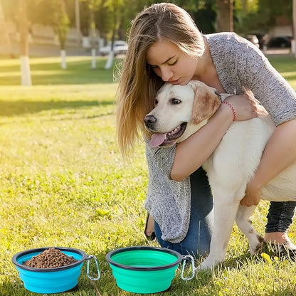 SLSON Dog Bowls Pet Collapsible Bowl with Cover Lids,2 Pack Dog Travel Bowls Portable Foldable Cat Water Dish Bowl for Pets Walking Parking Camping (Light Blue and Green, Medium)