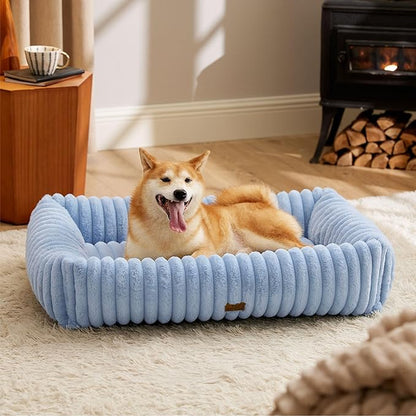 Bedsure ComfyFleece™ Washable Dog Bed for Large Dogs - Cute Furry Puppy Beds, Rectangle Orthopedic Corduroy Fleece Pet Beds with Removable Zipper Cover, 36x27x8inches, Blue