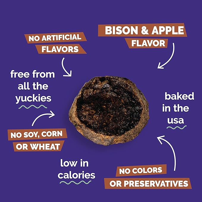 Fruitables Whole Jerky Bites, Healthy Dog Treats, Puppy Essentials, Jerky Dog Treats, Made in the USA, No Artificial Ingredients, Grilled Bison & Apple Flavor, 5oz