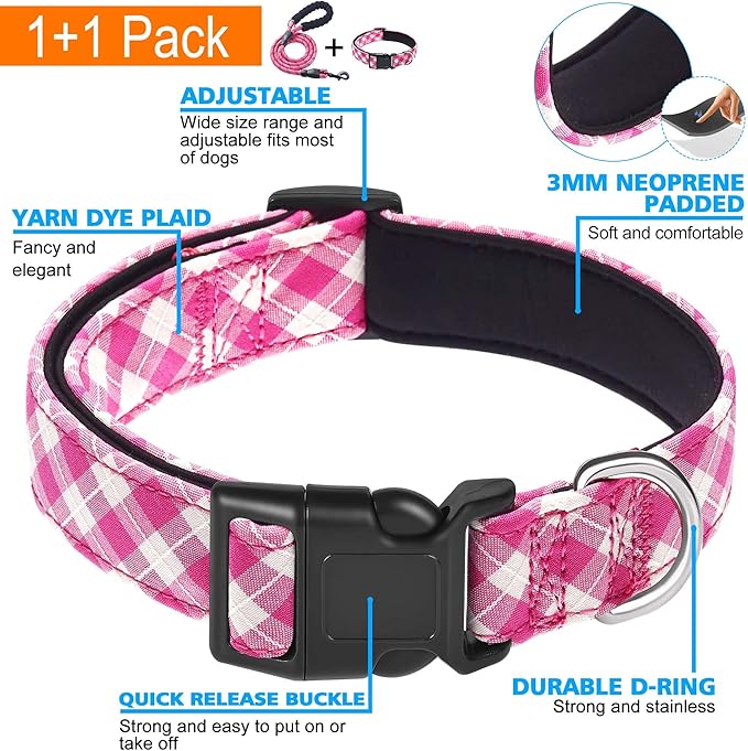 Ladoogo Reflective Dog Collar Padded with Soft Neoprene Breathable Adjustable Nylon Dog Collars for Small Medium Large Dogs (Small (Pack of 1), Pink Plaid Collar+Leash)