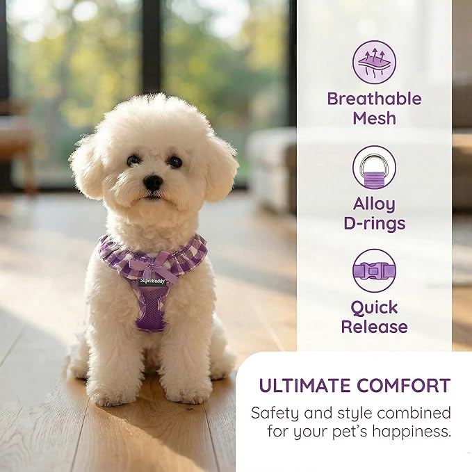 SuperBuddy Upgraded Soft Mesh Dog Harness, Super Breathable Lightweight Pet Harnesses for Puppy Dogs Outdoor Walking, Purple -XSmall