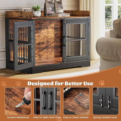 VOPEAK 46" Rustic Dog Crate Furniture, Heavy Duty Dog Cage for Medium Large Dogs, Dog Crate Dog Kennel Indoor with Removable Trays, Chew Resistant Crate for Bedroom Living Room, Rustic Brown