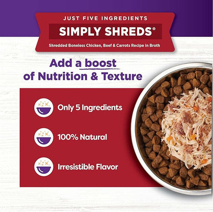 Wellness Bowl Boosters Simply Shreds Wet Dog Food Topper for Small,Medium,& Large Breeds,Grain Free,Natural,Chicken,Beef & Carrots,2.8 Ounce Pouch,(Pack of 24)
