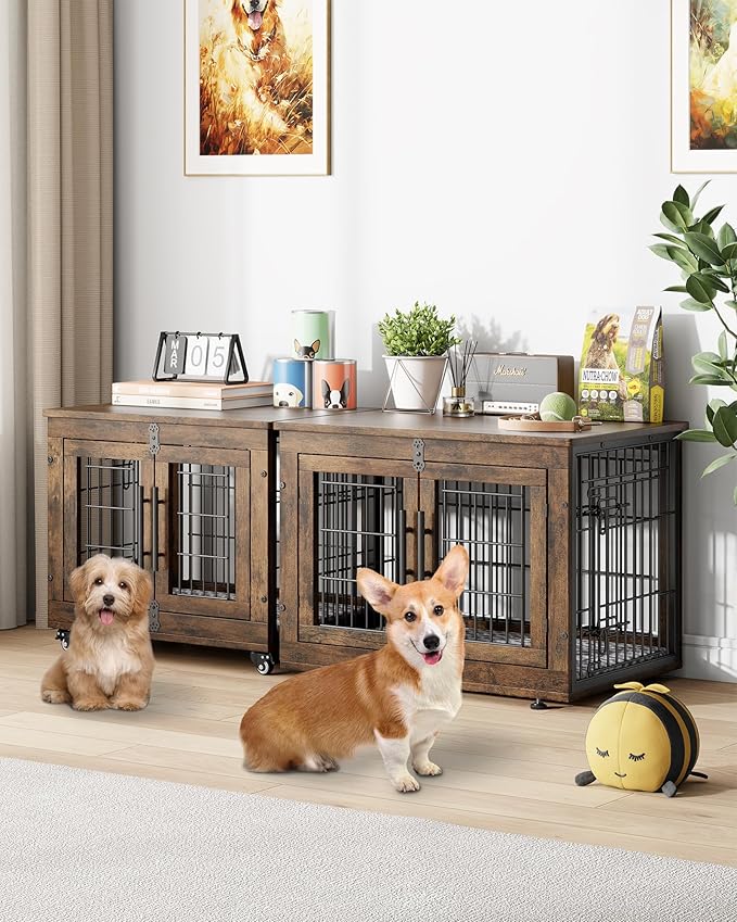 YaFiti Dog Crate Furniture with Cushion, Wooden Dog Kennel Indoor with Double Doors, Dog Cage with Wheels, Dog House Side End Table for Small Dogs up to 30 lb, 27.2" L, Rustic Brown