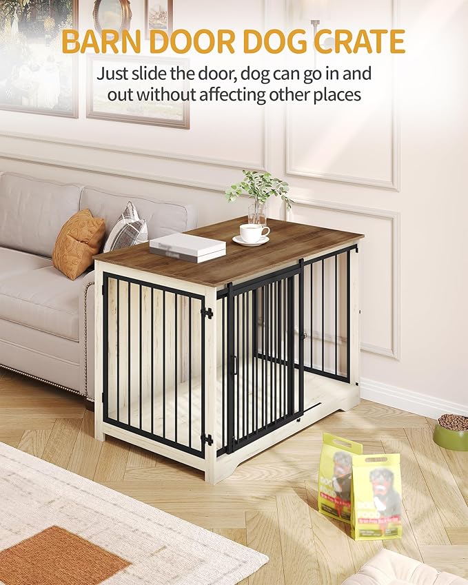 Hzuaneri 43.3" Dog Crate Furniture with Barn Door, Heavy Duty Dog Kennel Indoor with 2 Doors, Wooden Pet Cage End Table for Large Small Medium Dogs, Anti-Chew Anti-Escape, White Brown DFC92314B
