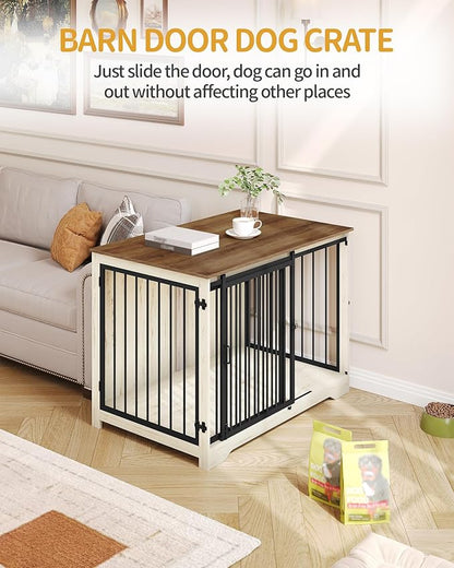 Hzuaneri 43.3" Dog Crate Furniture with Barn Door, Heavy Duty Dog Kennel Indoor with 2 Doors, Wooden Pet Cage End Table for Large Small Medium Dogs, Anti-Chew Anti-Escape, White Brown DFC92314B