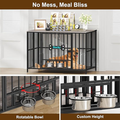 Easycom 43" Dog Crate Furniture Foldable, No Assembly Decorative Dog Kennel Indoor, XL Dog Crates for Large Dogs (60-80 lbs), Wooden Dog Cage with Adjustable Bowls and Name Tag, Oak Grey