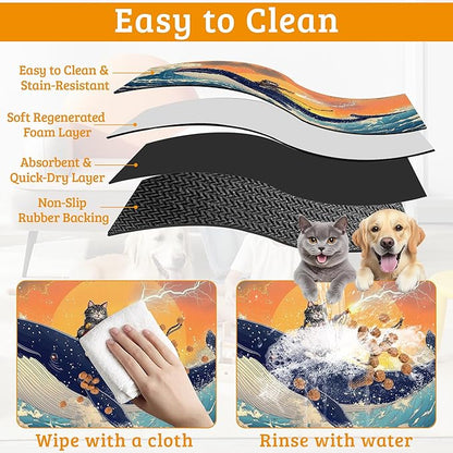 Dog Bowl Mat,Cat Shark Pet Feeding Mat for Floors Waterproof,Ocean Wave Absorbent Dogs Placemat for Food and Water Quick Dry Pet Cat Feeding Mats with Non Slip Bottom 16" x 24"