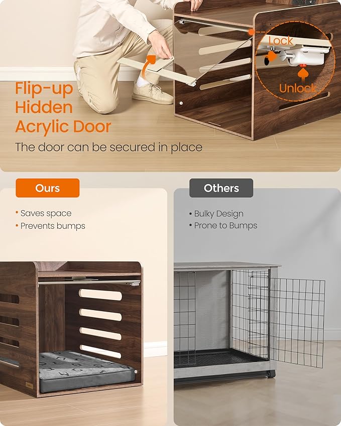 Feandrea Modern Dog Crate Furniture with Charging Station, Medium Kennel Indoor with Flip-up Hidden Acrylic Door, for Small and Medium Dogs up to 45 lb, Pet Side End Table Cage, Natural Walnut