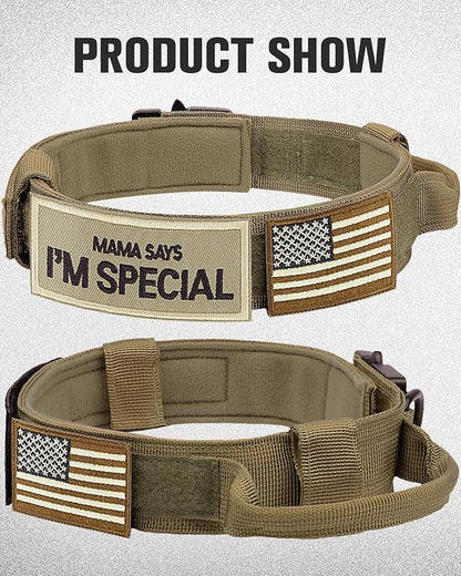 Joytale Tactical Dog Collar with Handle and Metal Buckle, Heavy Duty Padded Military Collar with 2 Patches for Training, Adjustable for XLarge Dogs, Khaki, XL