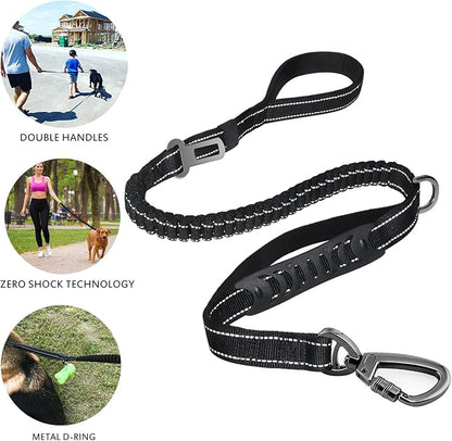 Fashion&Cool Heavy Duty Dog Leash Especially Large Dogs Up to 150lbs, 4-6 Ft Reflective Dog Walking Training Shock Absorbing Bungee Leash Car Seat Belt Buckle, 2 Padded Traffic Handle Extra Control