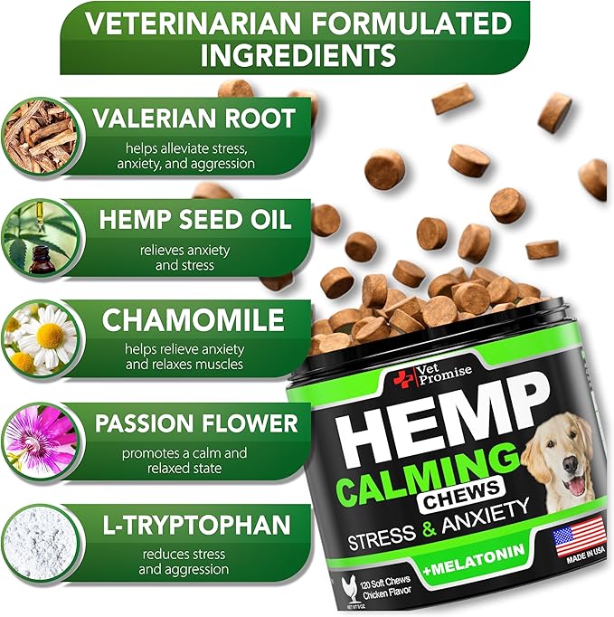 Hemp Calming Chews for Dogs with Anxiety and Stress - Dog Calming Treats - Anxiety Relief - Separation - Travel - Barking - Melatonin - Hemp Oil - 120 Soft Treats - Made in USA