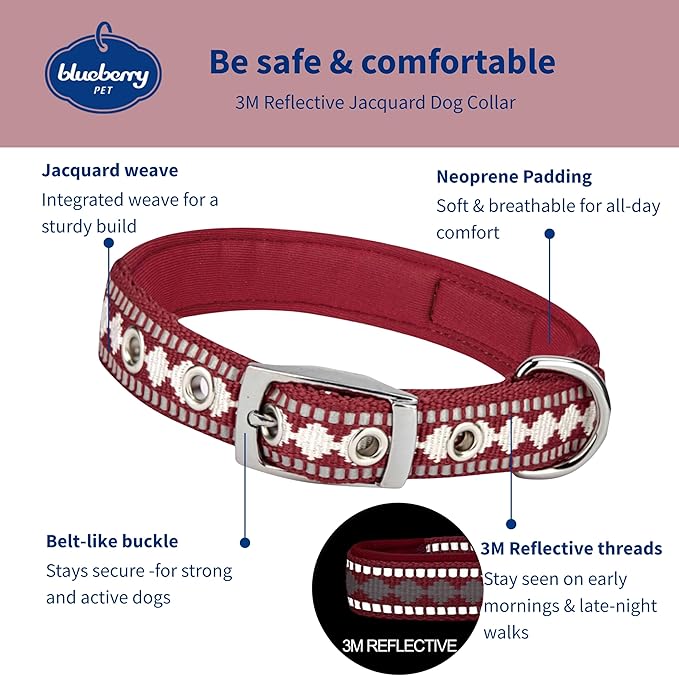 Blueberry Pet Reflective Jacquard Dog Collar with Neoprene Padding & Metal Buckle | Soft & Adjustable Safety Collar - Marsala Red, Neck 17-20.5", for Large Breed