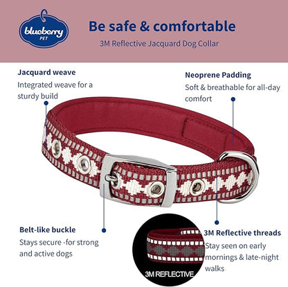 Blueberry Pet Reflective Jacquard Dog Collar with Neoprene Padding & Metal Buckle | Soft & Adjustable Safety Collar - Marsala Red, Neck 17-20.5", for Large Breed