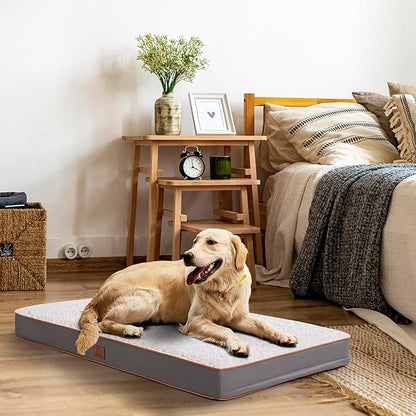 Orthopedic Dog Bed for Large Dogs - Big Waterproof Dog Crate Bed with Removable Washable Cover, Egg Crate Foam Support, Anti-Slip Bottom, Deluxe Plush Pet Bed Mat (Light Grey)