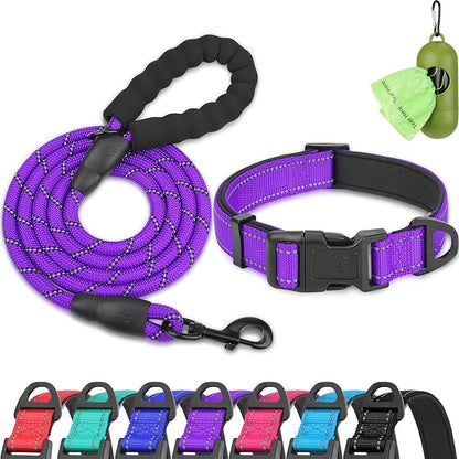 Dynmeow Reflective Dog Collar and Leash Set, 6FT Strong Climbing Rope Leash with Padded Handle, Adjustable Pet Collar with Soft Neoprene Padding for Small Medium Dogs, Purple, S