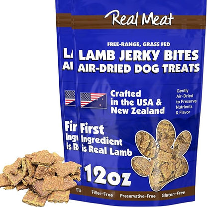 Real Meat Dog Treats - Two 12oz Bag of Bite-Sized Air-Dried Lamb Jerky for Dogs - Grain-Free Jerky Dog Treat Made up of 95% Free-Range, Grass Fed Lamb - All-Natural High Protein Dog Treat