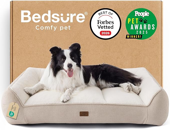 Bedsure SupportMax™ Orthopedic Dog Beds Large Sized Dog - As Seen on TV Extra Thick Supportive Large Dogs Bed with Waterproof Washable Cover, L Plus Comfort Pet Sofa with Soft Sherpa, Beige, 38"