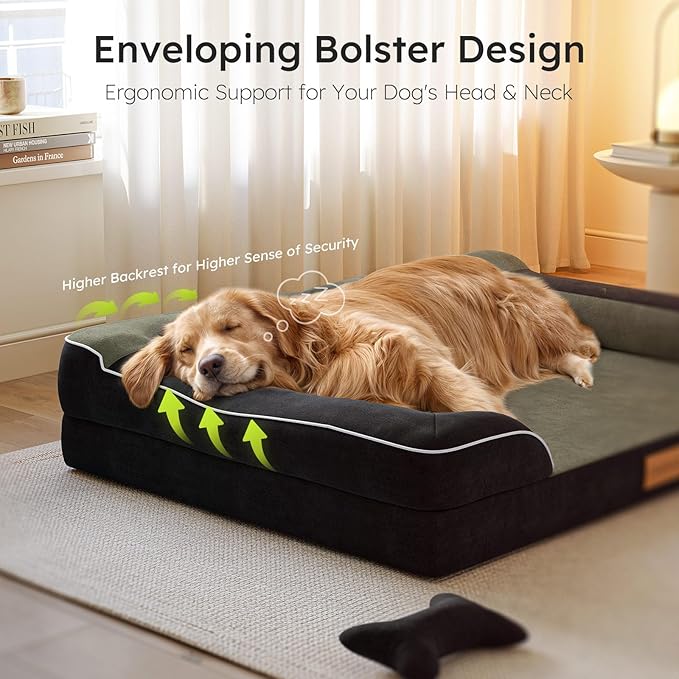Jumbo Dog Bed for Extra Large Dogs, Orthopedic Dog Bed with Cooling Gel Memory Foam, Waterproof Pet Bed with Removable Washable Cover, 45" Pet Sofa Couch Dutch Velvet with Bone Toy, Black
