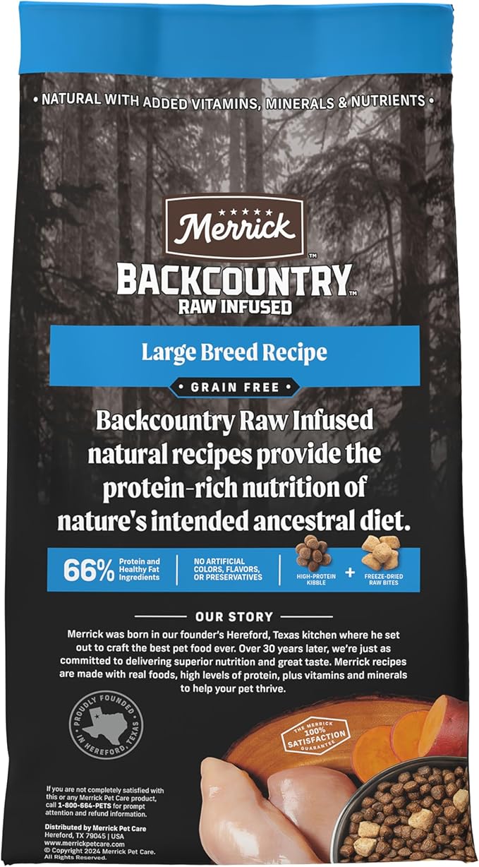 Merrick Backcountry Grain Free Dry Adult Dog Food, Kibble With Freeze Dried Raw Pieces, Large Breed Recipe - 20.0 lb. Bag